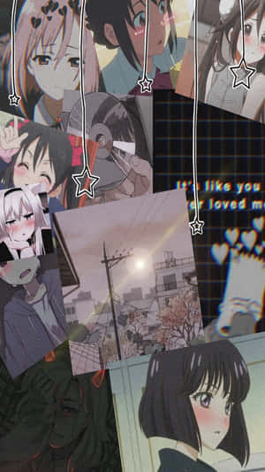 帶有星星串和城市街景照片的動漫少女拼貼畫。 — 可愛動漫頭貼 GIF 壁紙