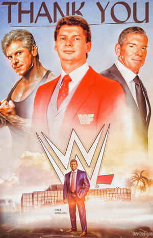 WWE致敬海報，Vince McMahon和三位摔角手在日落天空下。 — WWE GIF 壁紙