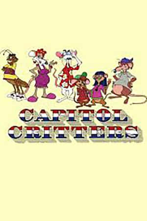 七隻穿著色彩繽紛服裝的卡通動物在標題 Capitol Critters 下擺姿勢。 — 電視節目 壁紙