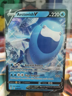一張藍色 Arctovish V 寶可夢交換卡，帶有遊戲統計數據和冰藝術。 — 寶可夢傳說 阿爾宙斯 壁紙