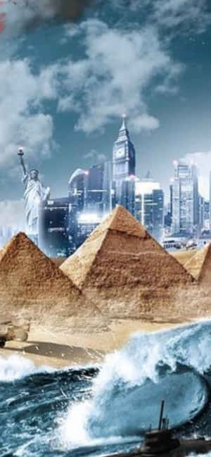 超現實的數位場景，在暴風雨的天空下呈現金字塔、海洋波浪和全球地標。 — iPhone Air 壁紙