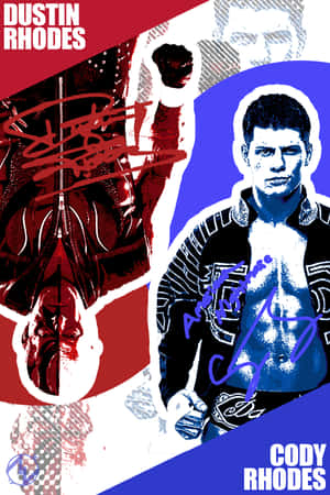 摔角手 Dustin Rhodes 和 Cody Rhodes 的分割海報，紅藍色簽名。 — WWE GIF 壁紙