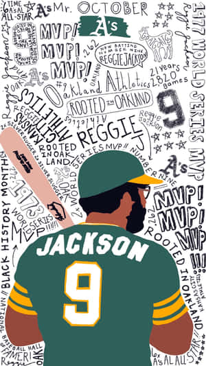 Reggie Jackson 身穿綠色球衣背號9，從背後觀看，周圍有慶祝文字。 — 酷棒球 壁紙
