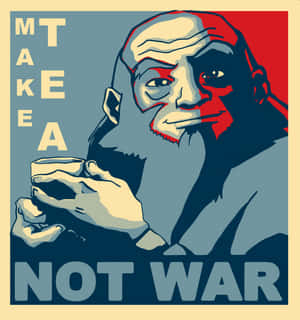 一個男人拿著一個杯子，上面寫著「Make a Tea Not War」，倡導和平。 — 榮耀Magic V Flip 2 壁紙