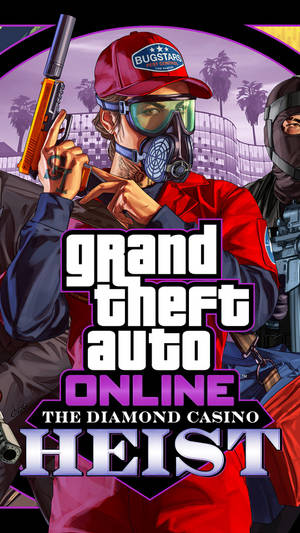 《Grand Theft Auto Online：鑽石賭場搶劫》的遊戲海報，戴面具的角色手持武器。 — 電玩遊戲 GIF 壁紙