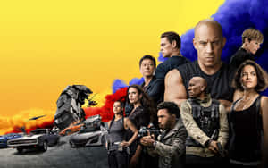 Furious 7 演員陣容與汽車和爆炸，背景為黃藍色。 — 玩命關頭 壁紙