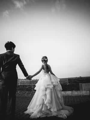 新娘和新郎牽手凝視地平線的黑白照片。 — 婚禮 壁紙