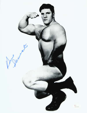 Bruno Sammartino 以蹲下姿勢展示二頭肌的黑白照片。 — 肯伊·威斯特 壁紙