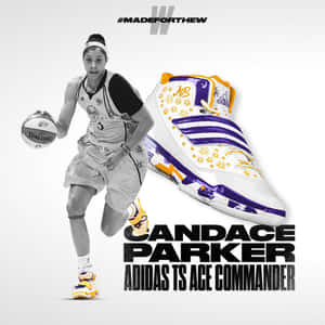 Candace Parker 在一隻巨大的 Adidas 運動鞋旁邊運球。 — 運動 壁紙