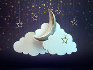 在黑暗夜空中懸掛的月亮和雲朵，伴隨著金色星星。 — 月亮與星星 壁紙