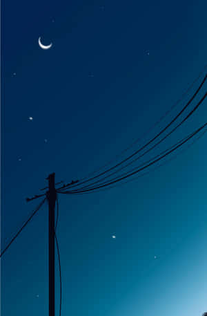 夜空中有新月和星星在電線杆和電線上方。 — 榮耀MagicPad4 壁紙