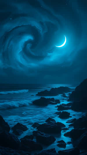 月光下的海浪在旋轉的藍色星雲和新月下拍打著黑暗的岩石。 — 海洋 壁紙