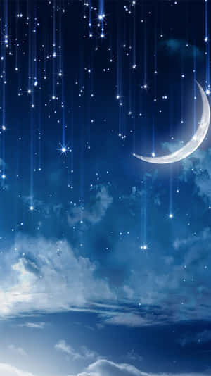 深藍色夜空中的新月和流星，伴隨著柔軟的雲層。 — 月光 壁紙