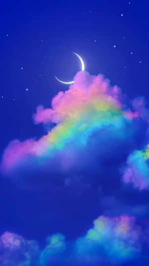 在繁星點點的夜空下，新月下方的鮮豔彩虹雲。 — 美學天空 壁紙