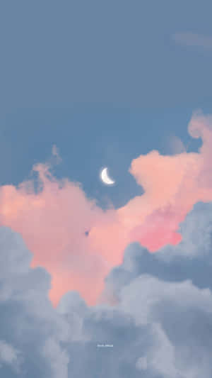 暮色中粉紅和藍色雲朵上的月牙 — 黃昏 壁紙