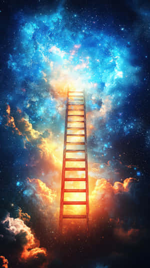 一把木梯穿過色彩繽紛的宇宙雲層，向著明亮的光線上升 — 星星 壁紙