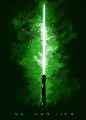綠色光劍在黑暗背景上帶有能量爆發，名為 Qui-Gon Jinn