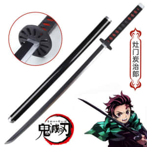 Demon Slayer角色炭治郎揮舞著一把帶有黑色和紅色刀柄及標誌的刀。 — 鬼殺隊 善逸 壁紙