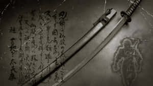 兩把日本刀，帶有書法和褪色的武士鬼影，放在舊紙上。 — 刀劍神域 壁紙