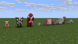 Minecraft角色和動物站在草地上，背景是方塊狀的天空。 — 像素藝術 壁紙