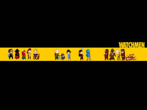 Q版《Watchmen》角色排列在黃色條紋上，帶有標題「Watchmen」。 — 守護者 壁紙