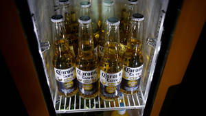 冰涼的Corona Extra啤酒瓶在迷你冰箱內，燈光溫暖。 — Pro Display XDR 壁紙
