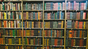 一排排帶有華麗書脊的復古書籍放在圖書館的木製書架上。 — 書本美學 壁紙