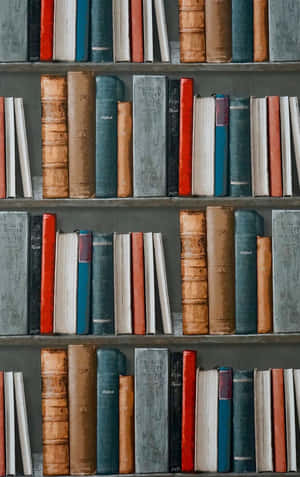 一排排復古書籍，帶有磨損的書脊，放在深色木架上。 — 看書 GIF 壁紙