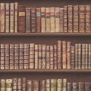 一排排古董皮革裝訂書籍，帶有金色細節，放在木質書架上。 — 棕色 壁紙
