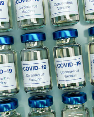 一排排帶藍色瓶蓋和白色標籤的COVID-19疫苗小瓶。 — 4:5 壁紙