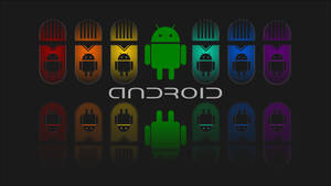 Android機器人標誌，在黑暗背景上帶有發光的彩色圖標 — 花朵 壁紙