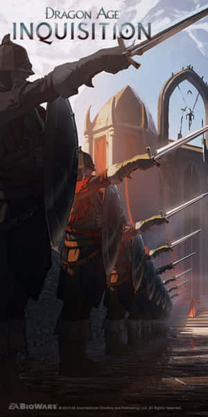 身穿盔甲的騎士在奇幻遊戲場景中列隊持劍。 — Pixel 3 壁紙