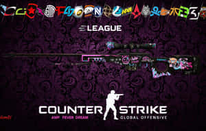 來自Counter-Strike Global Offensive的裝飾AWP步槍，帶有電競隊伍標誌和紫色背景。 — 電玩遊戲 GIF 壁紙