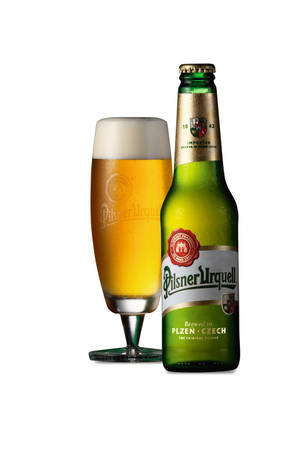 冰涼的 Pilsner Urquell 啤酒瓶和帶泡沫的玻璃杯，白色背景。 — 啤酒 壁紙