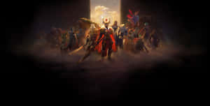 奇幻戰士和怪物站在發光傳送門前的黑暗迷霧中。 — 電玩遊戲 GIF 壁紙