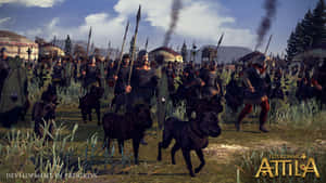 騎兵衝過草叢，靠近氈帳定居點，煙霧升騰。 — 黎明 壁紙