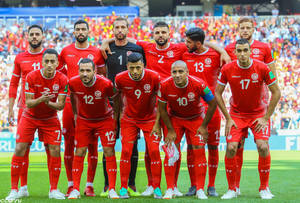身穿紅色球衣的國家足球隊在比賽前於綠色球場上擺姿勢。 — FIFA 世界盃 壁紙