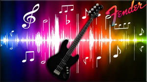 黑色Fender低音吉他被音符和聲波圖形包圍。 — 音樂美學 壁紙