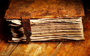 古老的皮革裝訂書籍，書頁破損，木質表面 — 2560x1600 壁紙