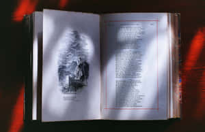 打開的復古書籍，插圖為女士在湖上小船，發光紅色背景。 — 語錄 壁紙