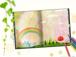 插圖書，帶有彩虹城市景觀、紅色雨傘和彩色鉛筆。 — 鉛筆素描 壁紙