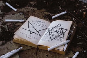 一本打開的書，帶有粉筆 pentagram，放在裂開的路面上，周圍有煙蒂。 — Surface Laptop 壁紙