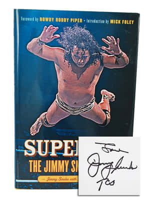 Jimmy Snuka 的《Super》簽名書籍封面，摔角手在半空中。 — 動態圖 壁紙