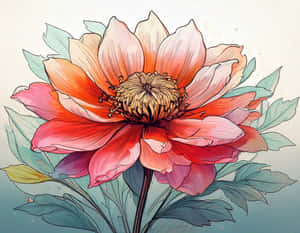 一幅色彩繽紛的插畫牡丹，花瓣層層疊疊，葉子青綠色，背景漸變。 — 數位藝術 壁紙