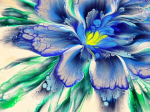 抽象繪畫的花朵，帶有藍色花瓣和綠色漩渦。 — 藍色美學 壁紙