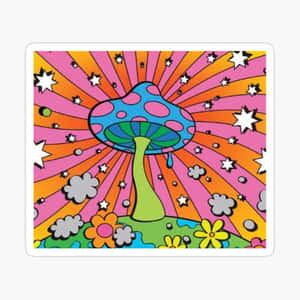 一朵色彩繽紛的蘑菇，帶有星星和花朵的迷幻圖案。 — 蘑菇美學 壁紙