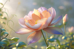 在陽光明媚的花園中，一朵帶有粉紅色和藍色花瓣的發光蓮花。 — Surface Laptop 壁紙