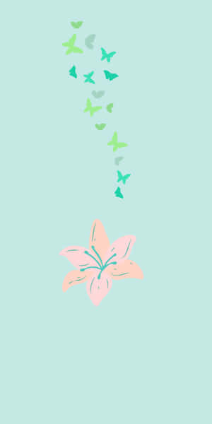 粉紅百合與向上飛升的蝴蝶，薄荷綠背景 — Pixel 3 壁紙