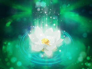 一朵發光的白蓮花在神秘的綠色宇宙環境中散發光芒。 — 蓮花 GIF 壁紙