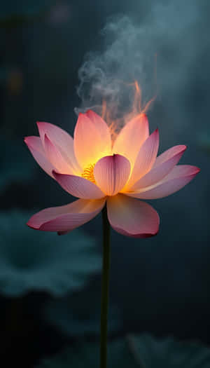一朵粉紅色蓮花，中心發光，煙霧在深色水上昇起 — 花卉 壁紙
